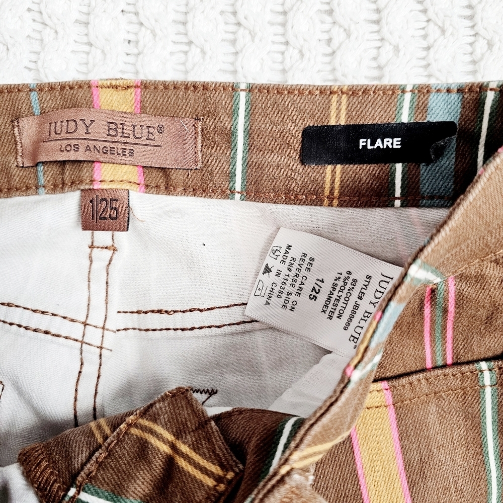 Judy Blue Mid Rise Classic Flare Jeans Retro Tan Blue Striped Stretch 1/25 - Picture 12 of 12